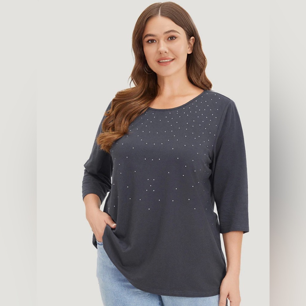 🆕 BloomChic Solid Rhinestone Detail Crew Neck 3/4 Sleeve Top, Size 1x - 14-16